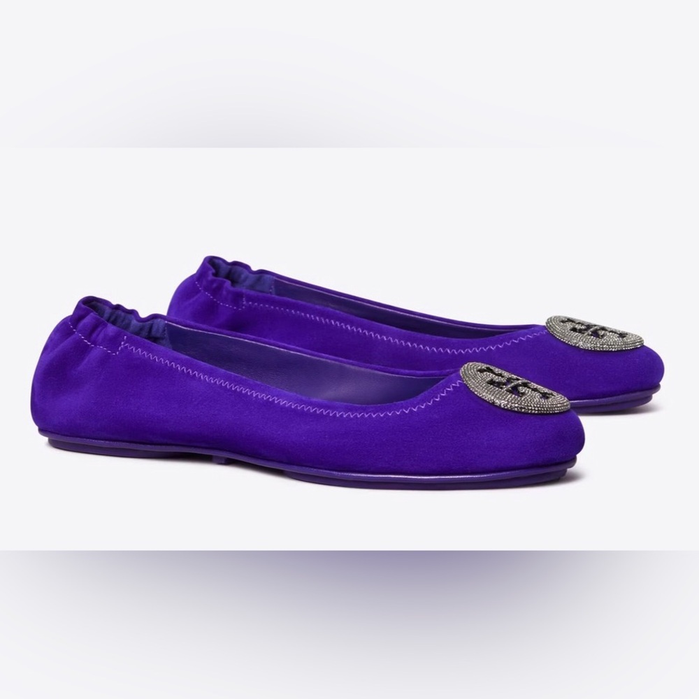 Tory Burch Deep Purple Crystal Pavé Minnie Travel Ballet Flat Shoes